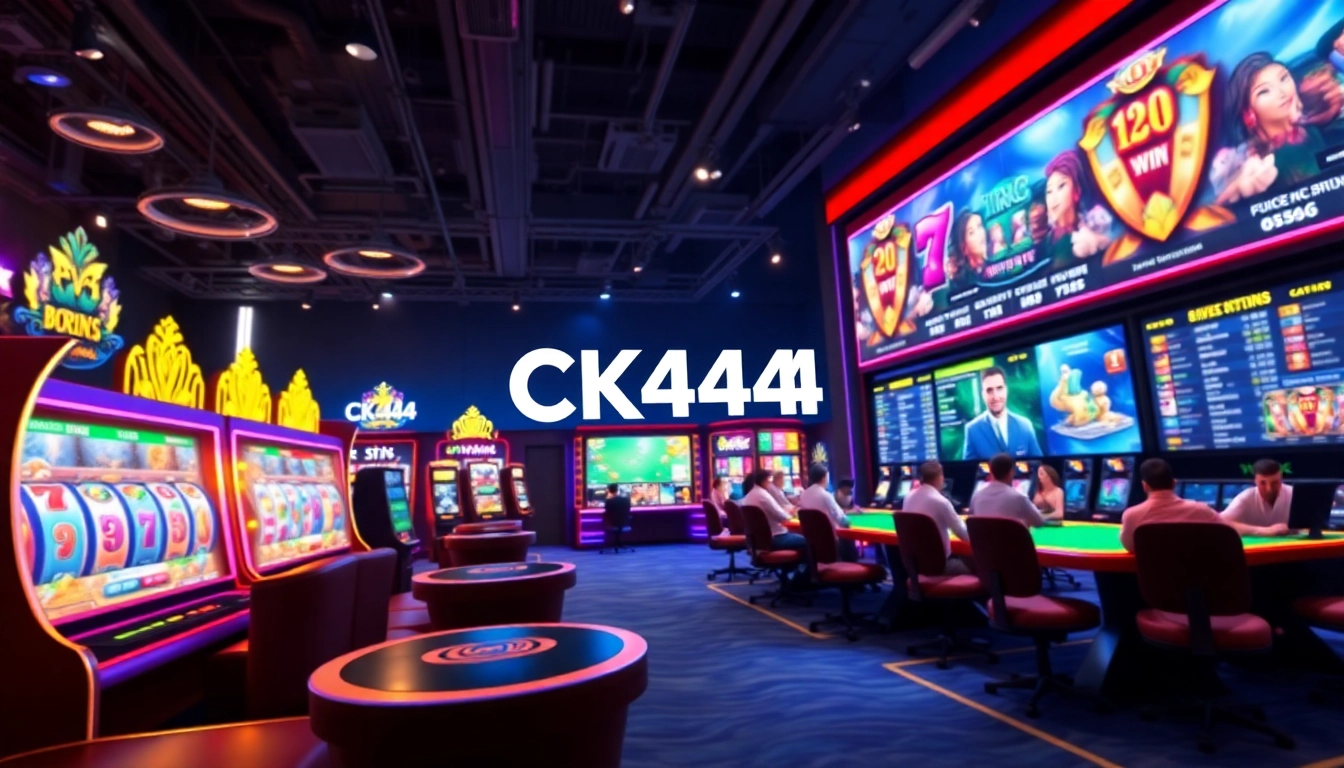 CK 444 logo displayed on a sleek gaming dashboard with spins, cards, and live betting elements for an engaging online platform visual.