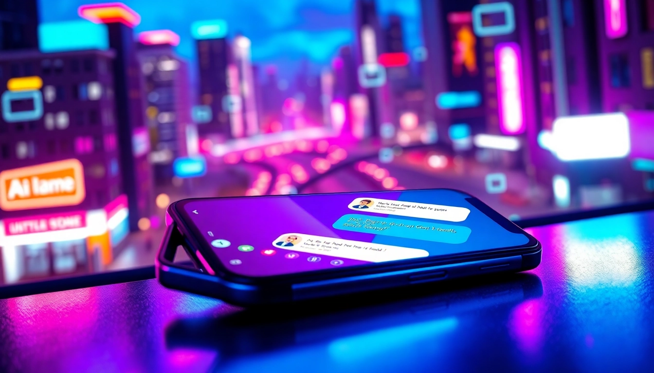 Futuristic digital chat interface on a mobile device with neon cityscape background