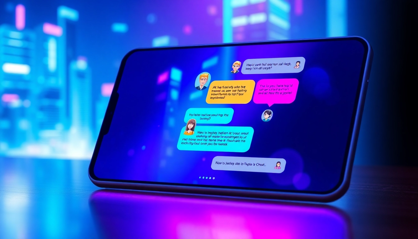 Futuristic AI chat interface on a modern device with neon cityscape background