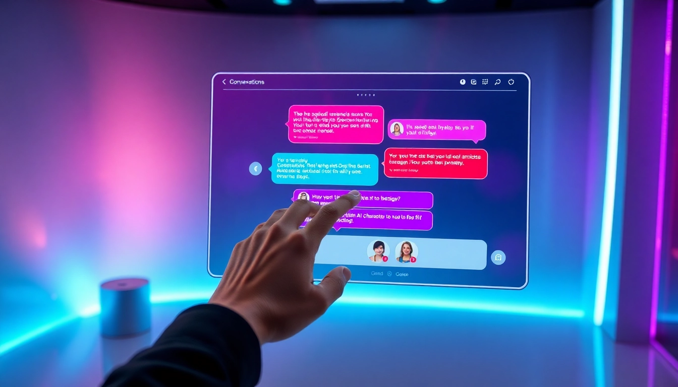 A futuristic digital chat interface with vibrant text bubbles and customizable AI profiles, hinting at adult-themed conversations.