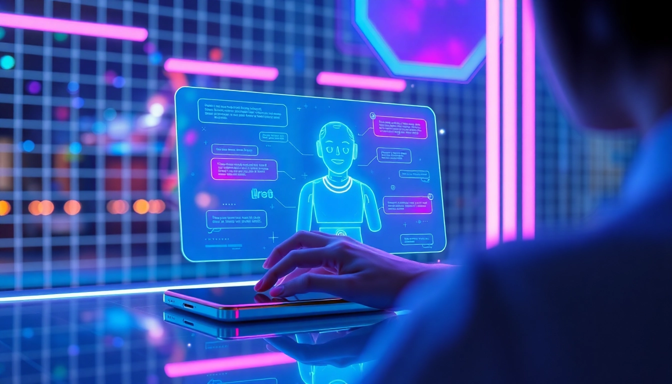 Futuristic digital scene of a person interacting with a holographic AI chatbot interface with neon lighting